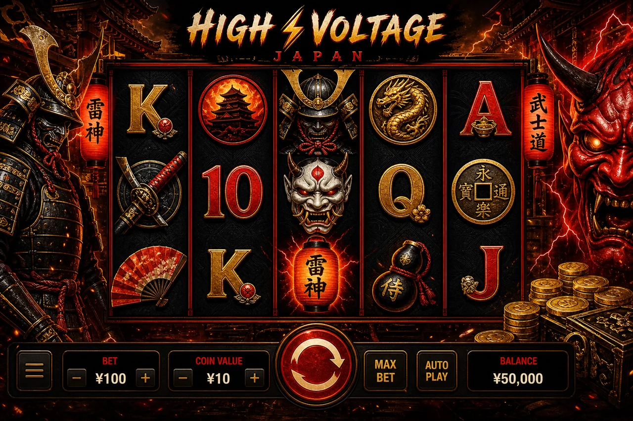 Five-reel high-voltage Japanese arcade slot featuring adult samurai armour, oni mask, neon lanterns and gold coins