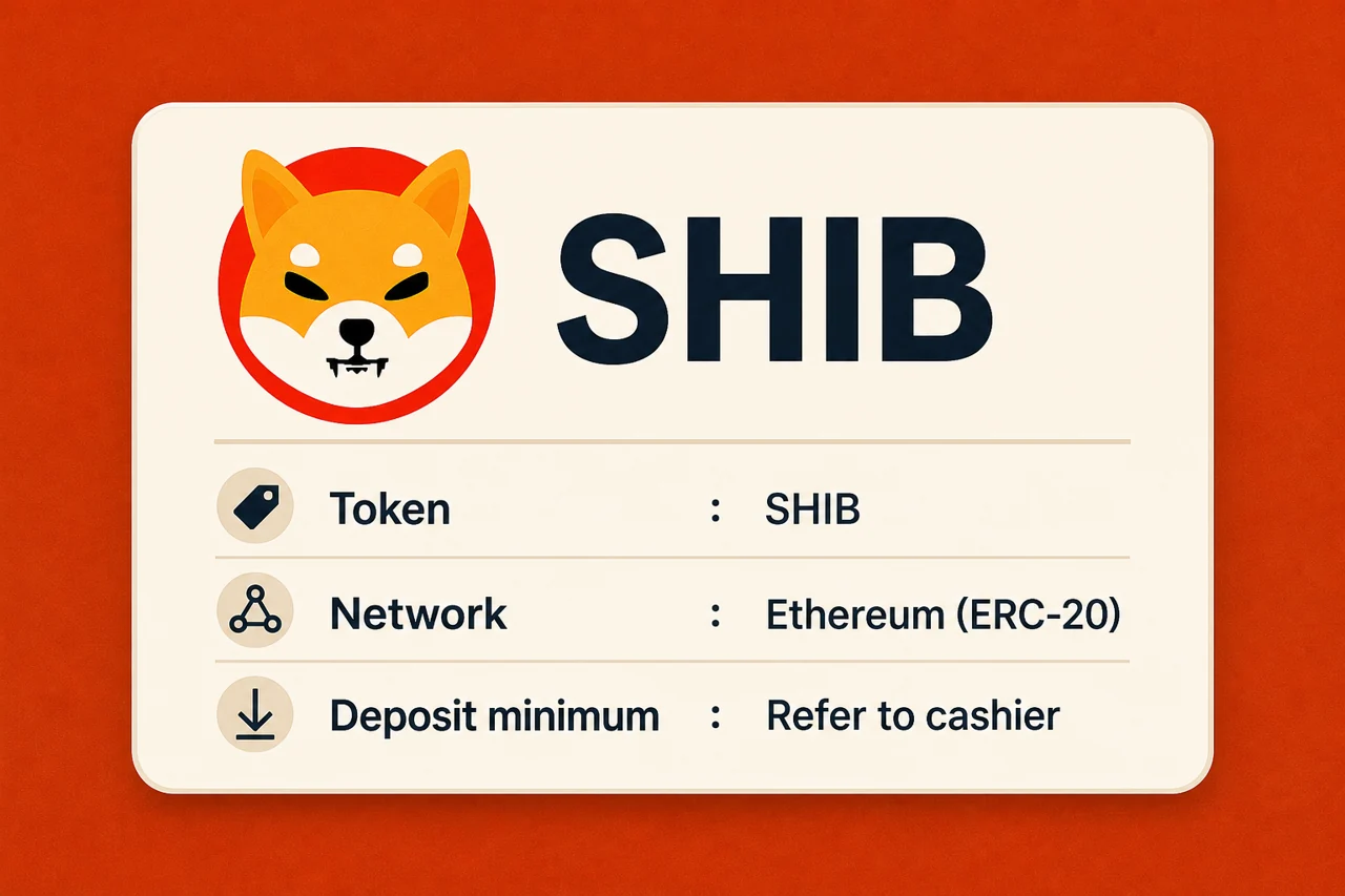 Shiba Inu token verification card using recognizable Shiba dog token emblem, heading "SHIB", rows "Token", "Network", "Deposit minimum"