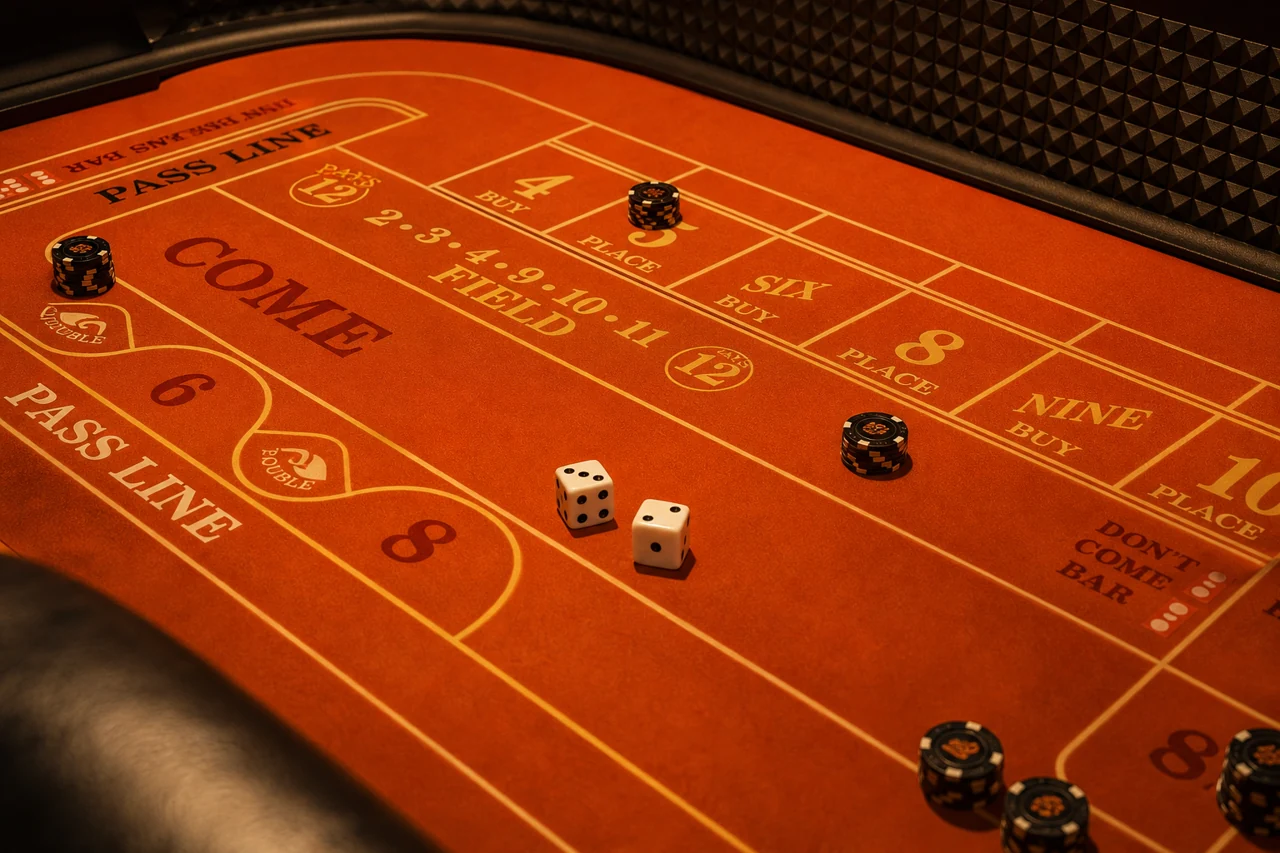 Photoreal orange felt craps table, two white dice and small black chip stacks, tightly framed casino equipment, warm dramatic lighting