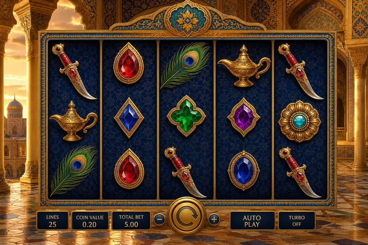 Five-reel ancient Persian palace slot with ruby daggers, golden lamps, peacock feather and jewel symbols, realistic intricate mosaics and saffron light