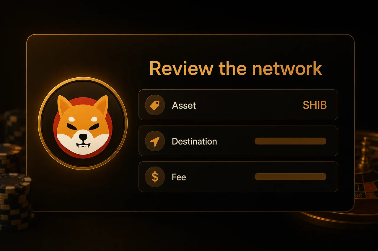 SHIB withdrawal mockup with heading "Review the network", token emblem left, rows "Asset", "Destination", "Fee" on near-black amber screen; no green success state